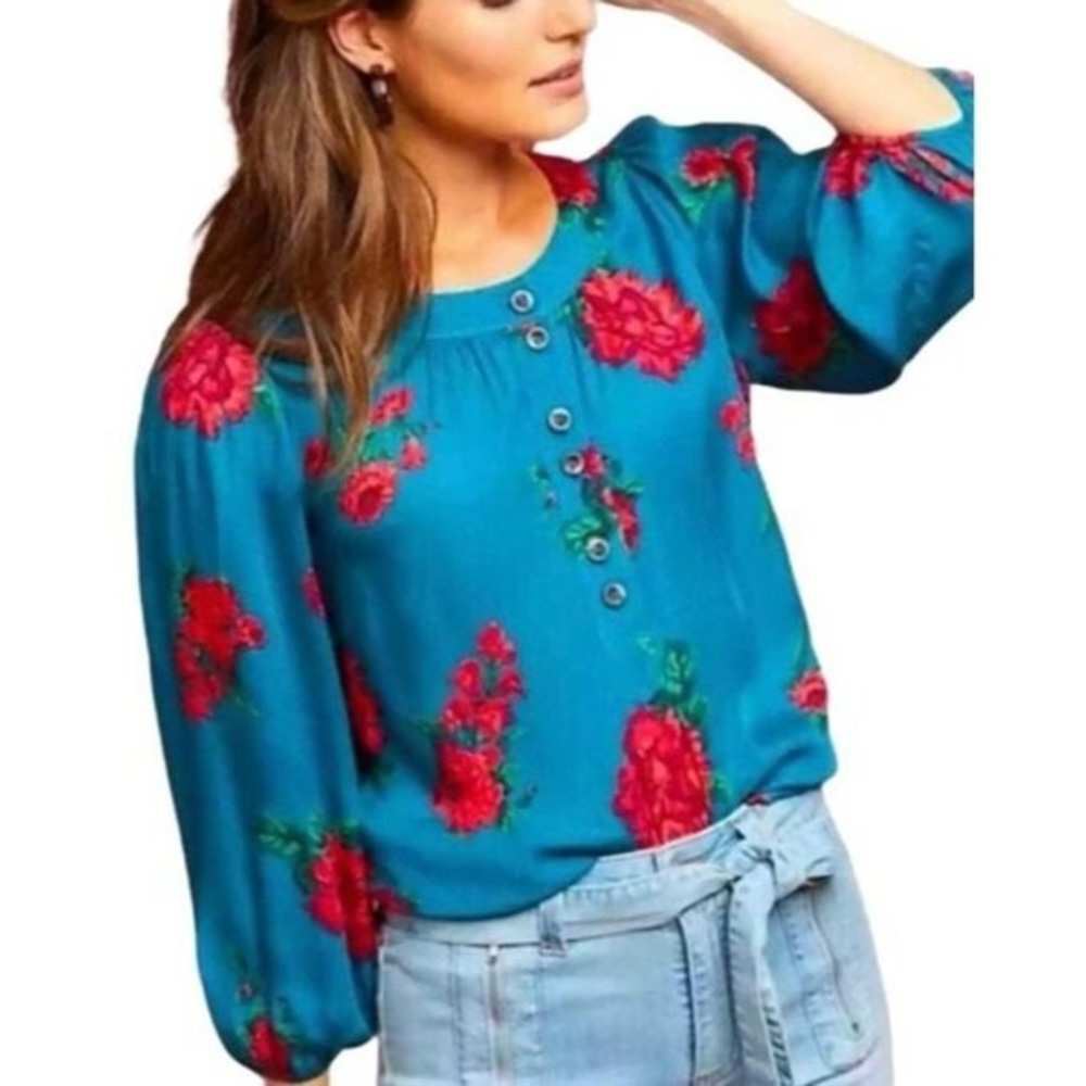 Maeve Anthropologie Kalas Henley Top Oversize Blue Floral 1/2 Button Up Size XS